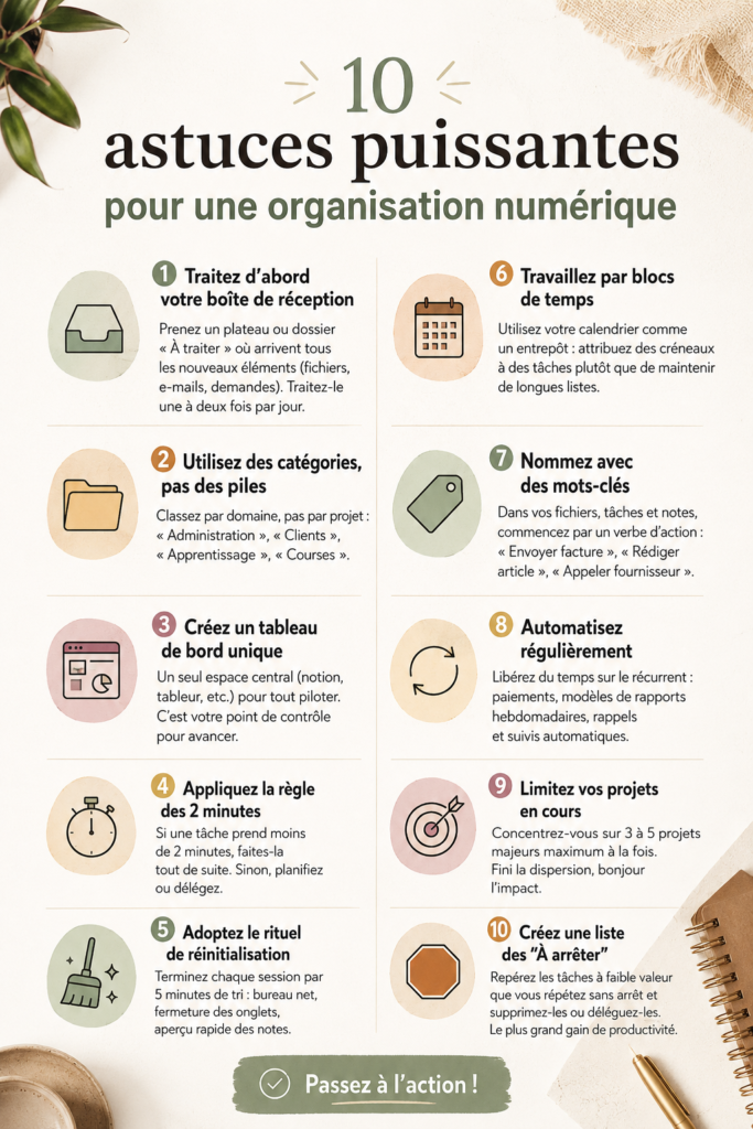 Femme utilisant un ordinateur pour organiser ses outils numériques.