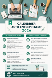 Calendrier auto-entrepreneur pour l'année 2026, conçu pour aider à l'organisation et la planification des tâches.