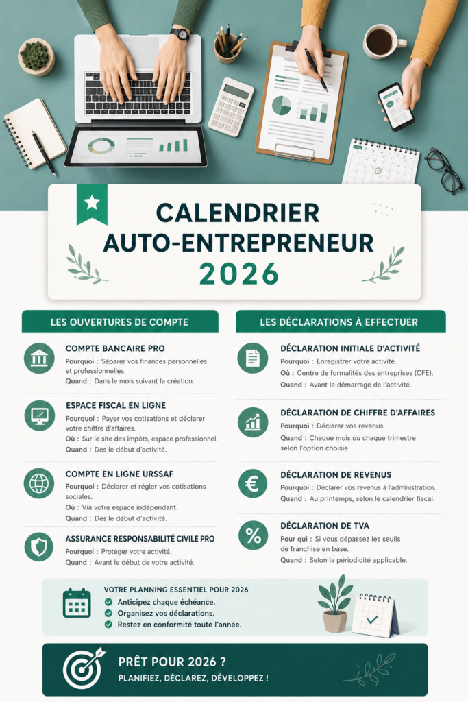 Calendrier auto-entrepreneur pour l'année 2026, conçu pour aider à l'organisation et la planification des tâches.