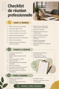 Checklist pratique pour organiser une réunion réussie, avec éléments clés à ne pas oublier.