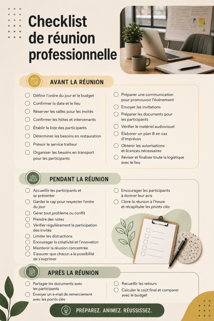 Checklist pratique pour organiser une réunion réussie, avec éléments clés à ne pas oublier.