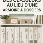 Un bureau organisé avec des classeurs en bois, une ambiance chaleureuse et pratique.