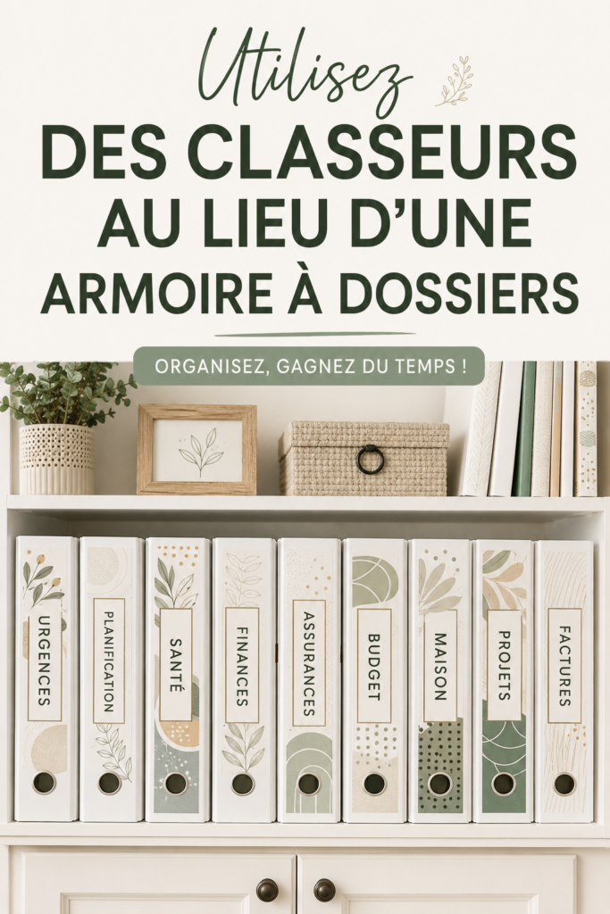 Un bureau organisé avec des classeurs en bois, une ambiance chaleureuse et pratique.