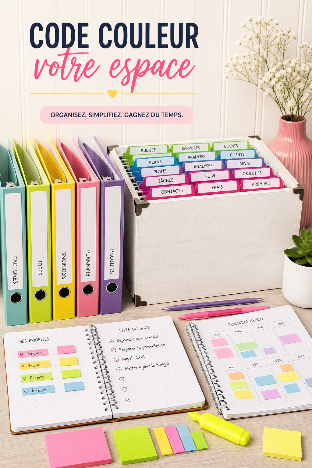 Bureau décoré avec des couleurs vives et harmonieuses, inspirant à la créativité et à la productivité.