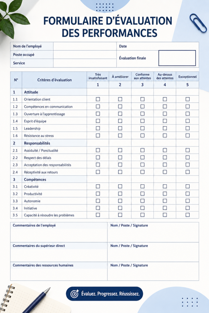 Formulaire d'évaluation de performance illustrant la progression des employés