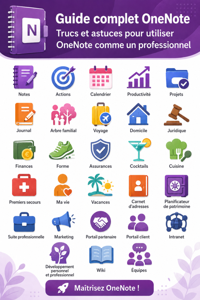 Capture d'écran de l'interface de OneNote montrant des notes organisées
