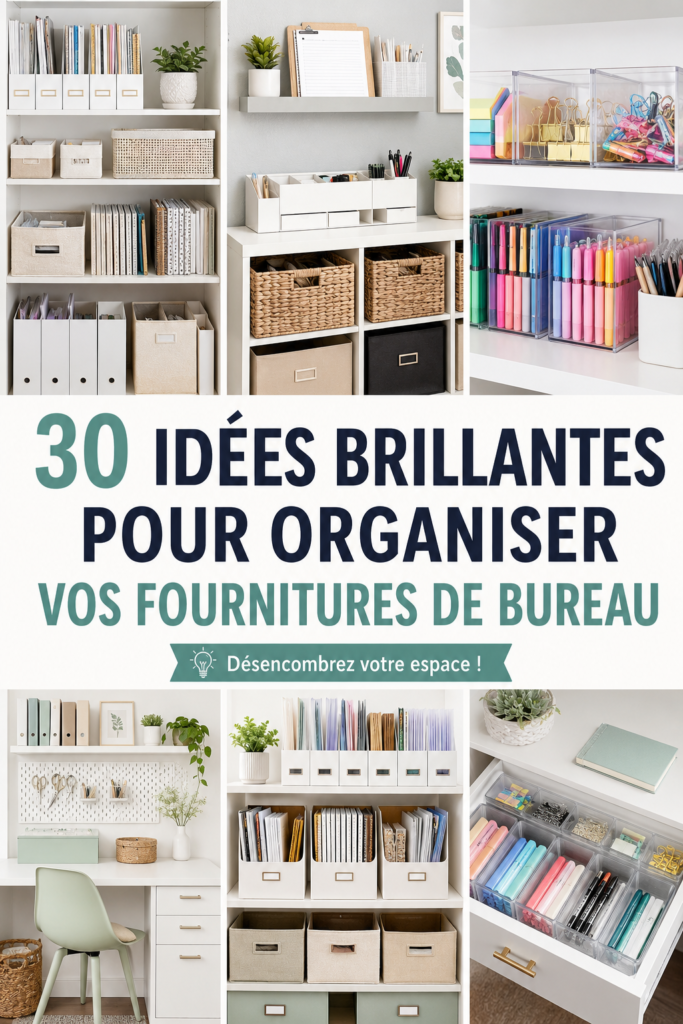 Bureau organisé avec des fournitures disposées de manière esthétique et fonctionnelle.