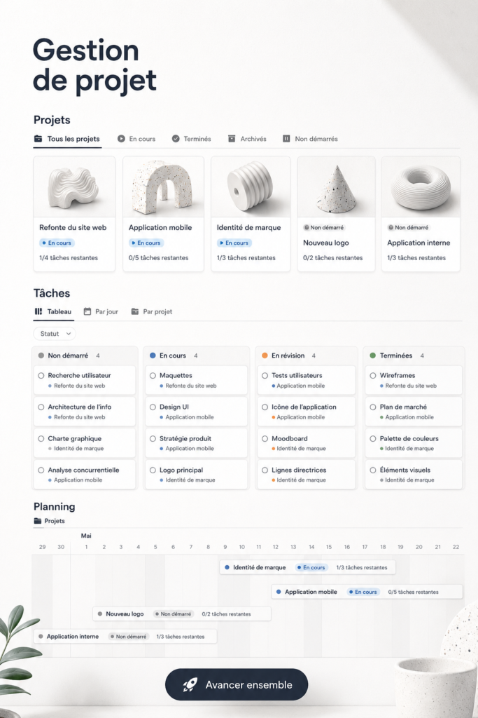 Modèle Notion affichant un tableau de gestion de projet avec des tâches et des dates limites.