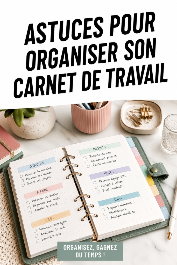 Un carnet de travail ouvert avec des notes bien organisées montrant des astuces de prise de notes.