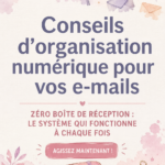 Femme en train d'organiser ses emails sur son ordinateur avec une tasse de café à côté.