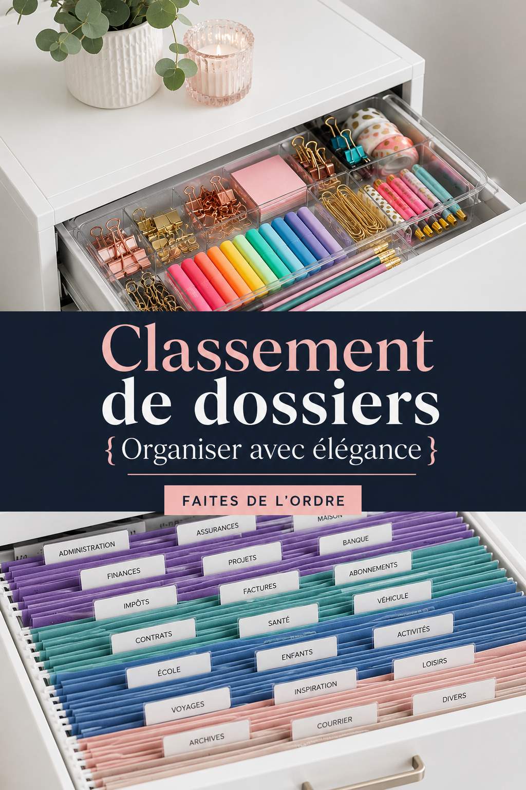 Espace de travail organisé avec des fichiers bien rangés et une décoration élégante