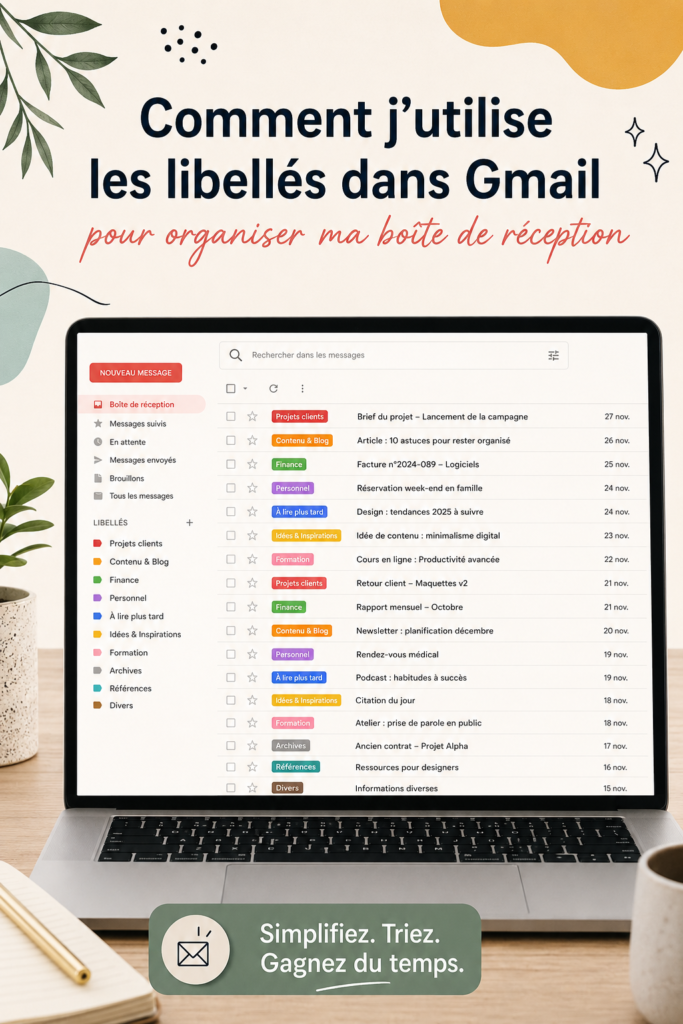 Capture d'écran montrant des étiquettes Gmail sur une boîte de réception organisée.