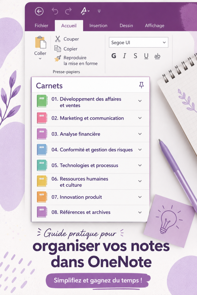 Capture d'écran de l'application OneNote avec une interface organisée