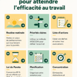 Femme concentrée au travail, appliquant des règles d'efficacité.