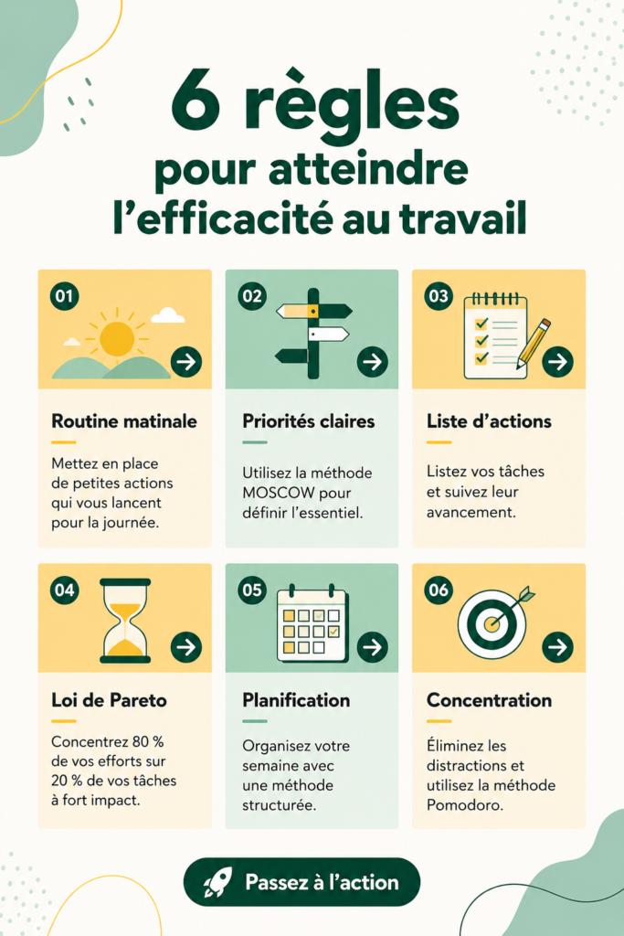 Femme concentrée au travail, appliquant des règles d'efficacité.