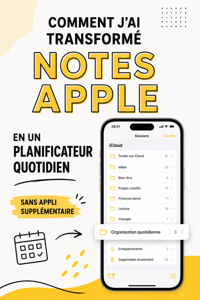 Capture d'écran d'Apple Notes avec un planificateur quotidien organisé.