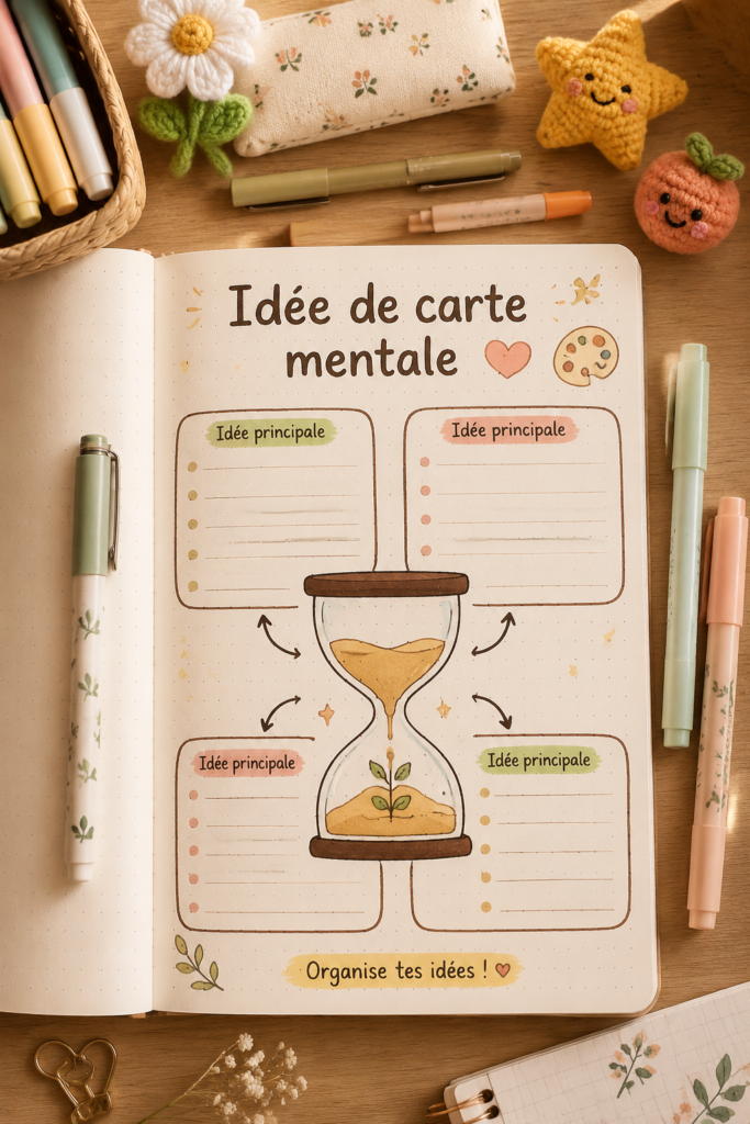Une illustration de cartes mentales colorées, représentant des idées organisées de manière créative.