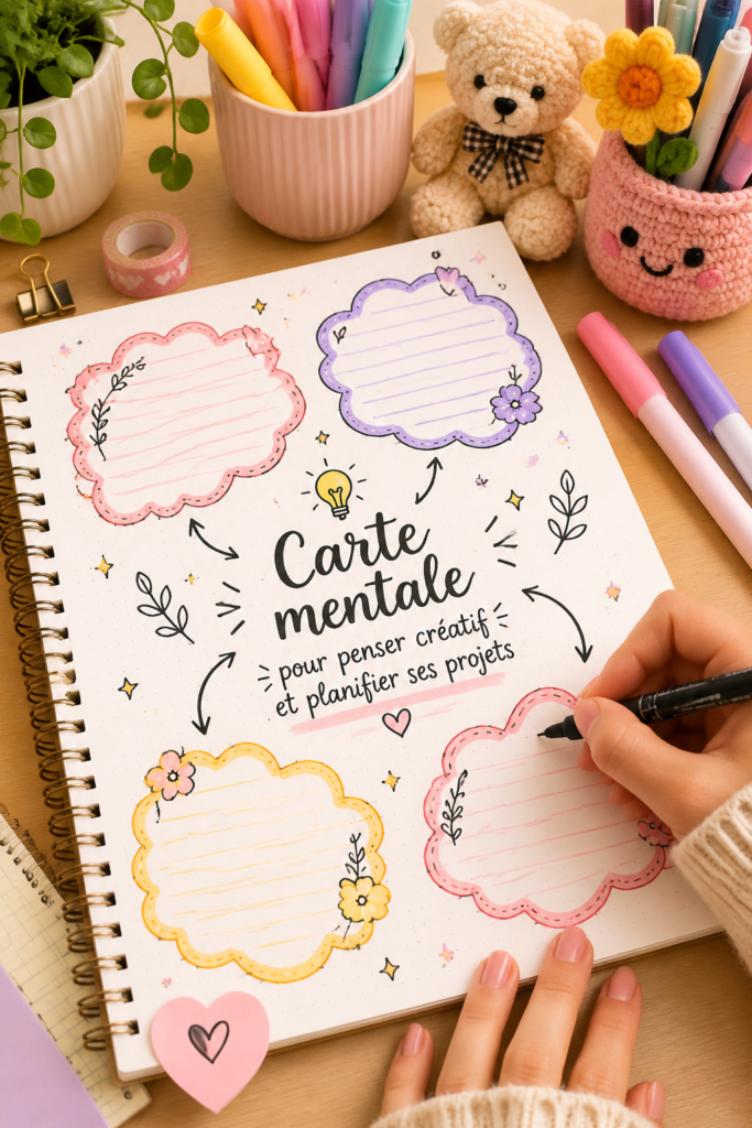 Un carnet ouvert avec des cartes mentales couleur sur une table en bois.