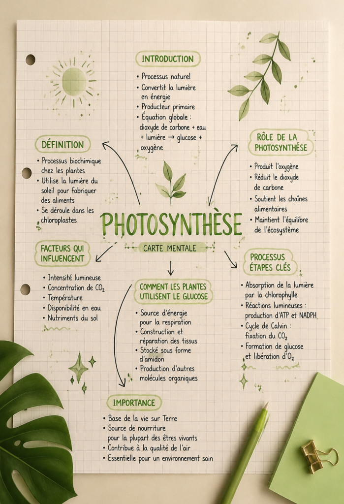 Illustration d'une carte mentale sur la photosynthèse, montrant les étapes et concepts clés de ce phénomène.
