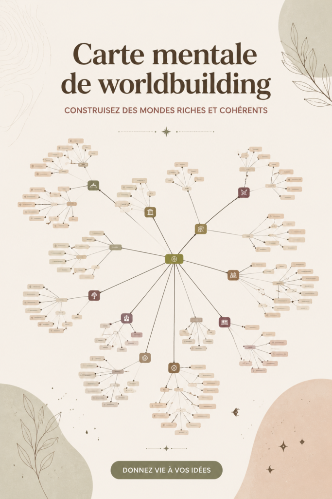 Carte mentale colorée pour le worldbuilding, montrant différents éléments d'un univers fictif.