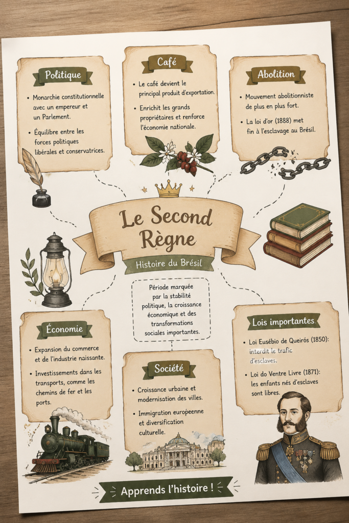 Mapa Mental représentant les événements et personnages du Segundo Reinado au Brésil.