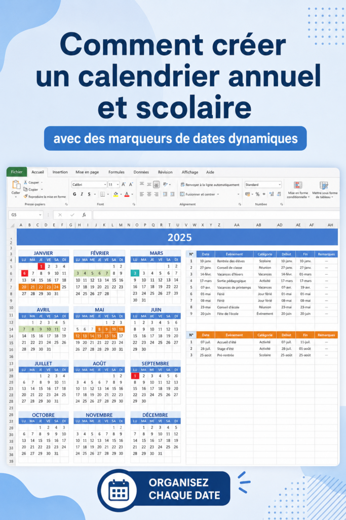 Un magnifique calendrier scolaire dynamique affichant des dates clé et des événements importants.