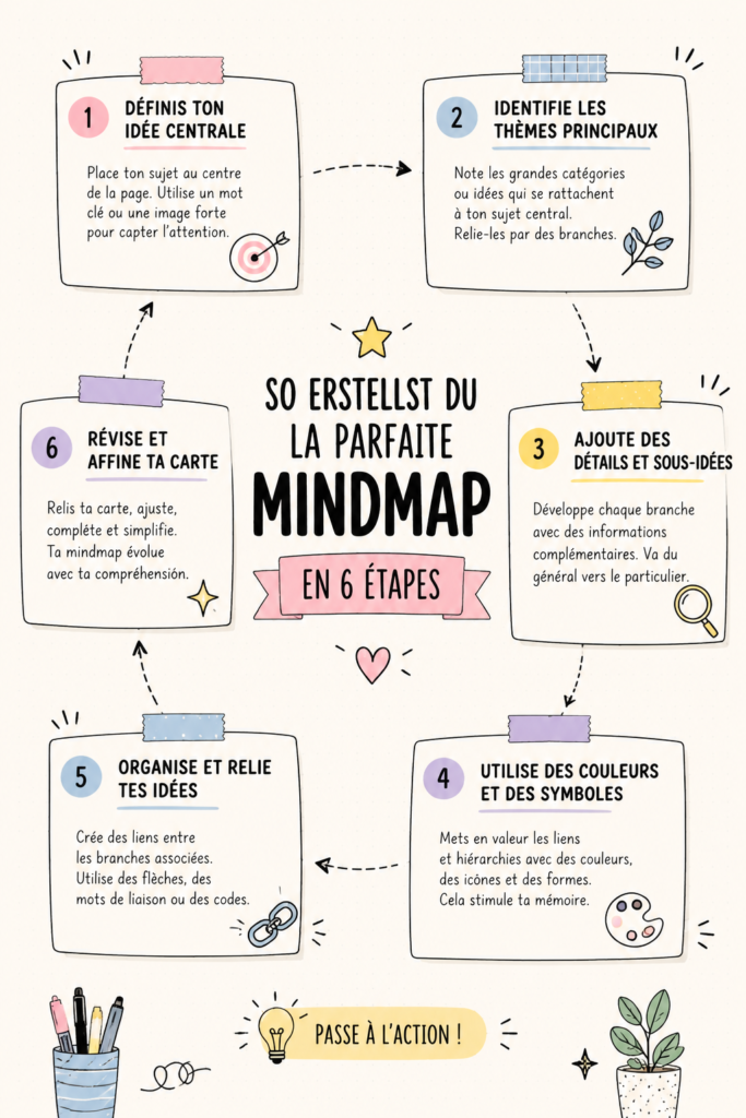 Une mindmap colorée illustrant des idées interconnectées sur un fond blanc.