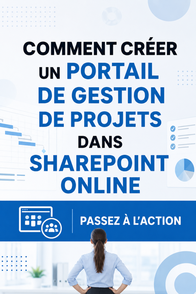 Capture d'écran d'un portail de gestion de projet dans SharePoint Online, montrant un tableau de bord interactif.
