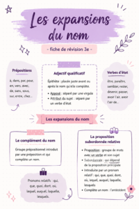 Fiche de révision sur les expansions du nom en français, accompagnée de conseils pratiques.
