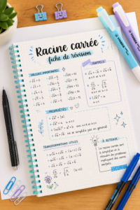 Fiche pratique sur les racines carrées pour les révisions en maths.