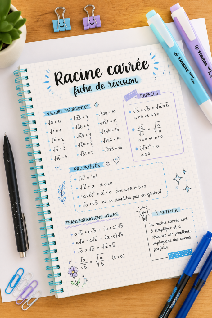 Fiche pratique sur les racines carrées pour les révisions en maths.