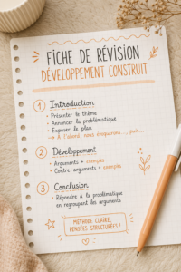 Une femme souriante crée une fiche de révision sur sa table de travail, entourée de fournitures d'étude.