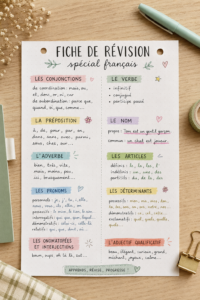 Fiche de révision colorée sur un bureau, axée sur l'apprentissage du français.