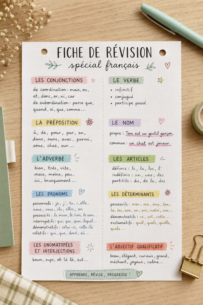 Fiche de révision colorée sur un bureau, axée sur l'apprentissage du français.