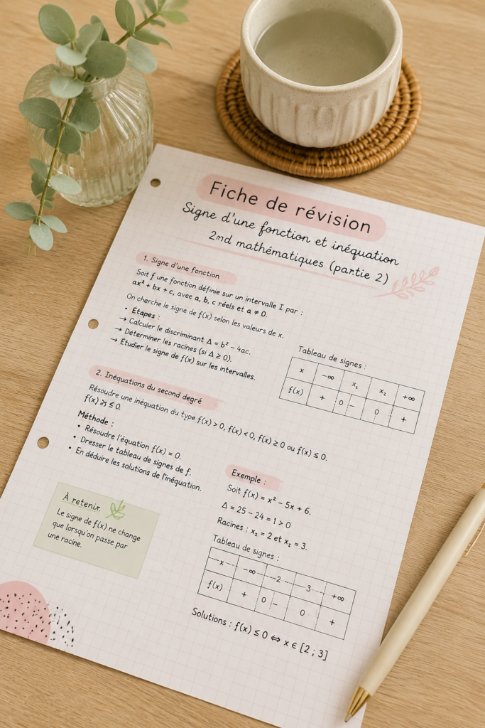 Fiche de révision sur les signes de fonction et inéquations en mathématiques.