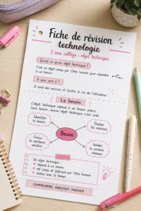 Fiche de révision en technologie sur une table d'étude
