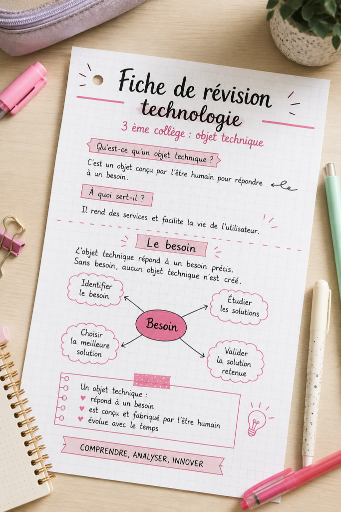 Fiche de révision en technologie sur une table d'étude