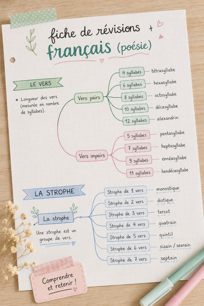 Fiche de révisions en poésie avec des notes et des illustrations