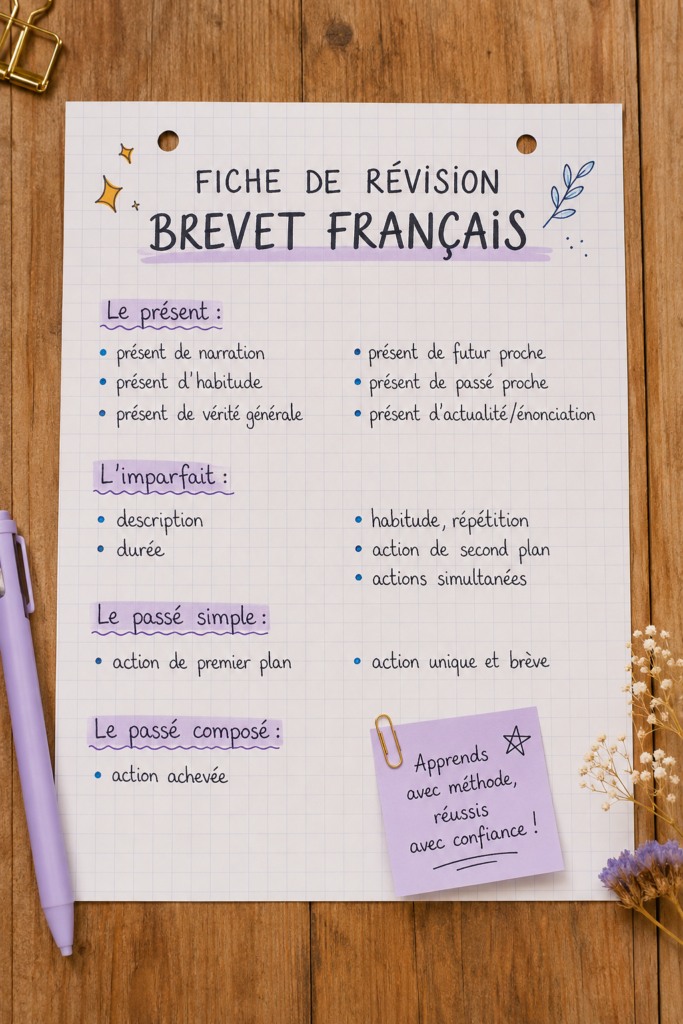 Fiches de révision illustrant des concepts de français pour le brevet