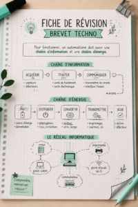 Fiche de révision bien organisée pour le brevet technologique sur une table d'étude