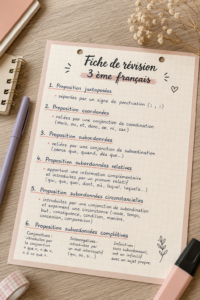 Fiche de révision sur le français pour la classe de 3ème, présentant des conseils pratiques et des astuces.