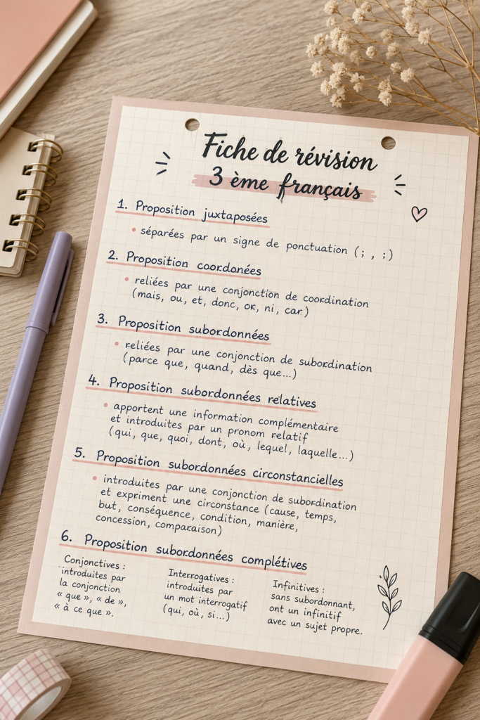 Fiche de révision sur le français pour la classe de 3ème, présentant des conseils pratiques et des astuces.
