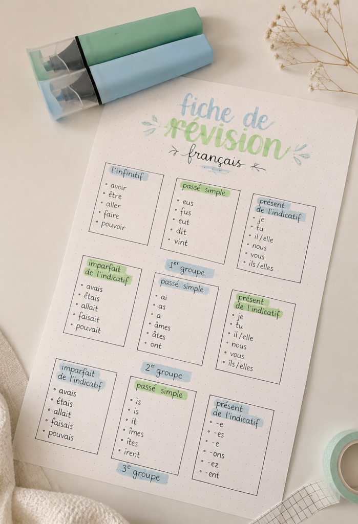 Fiches de révision de français sur une table d'étude