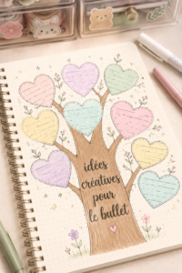Un bullet journal ouvert avec des pages colorées et des doodles inspirants.