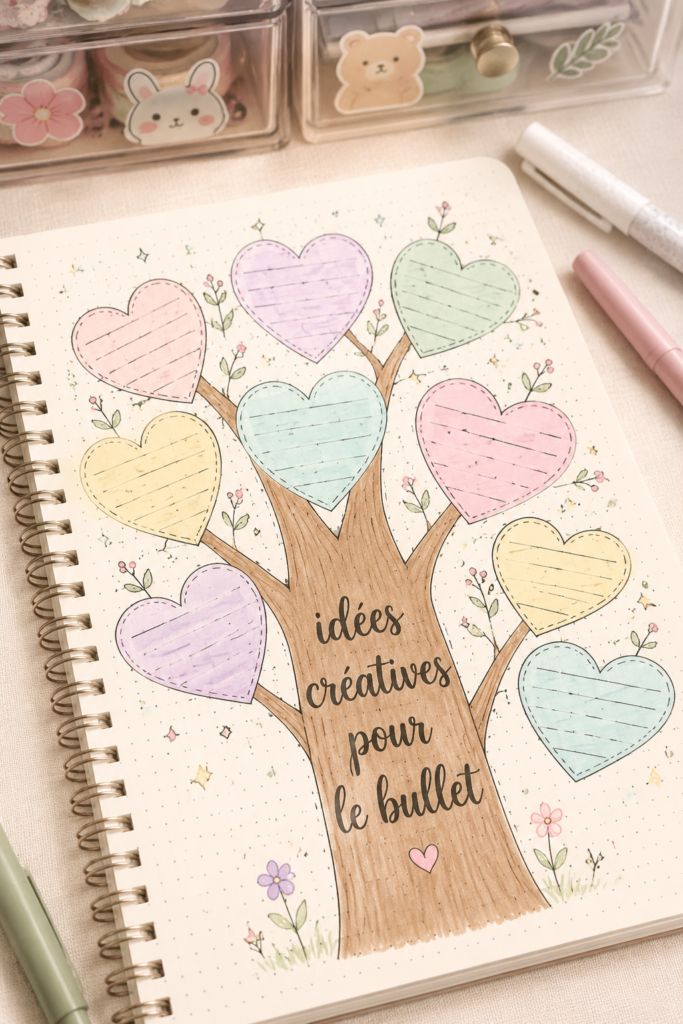 Un bullet journal ouvert avec des pages colorées et des doodles inspirants.