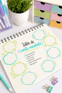 Une femme créant un mapa mental inspirant sur une feuille de papier avec des crayons de couleur.