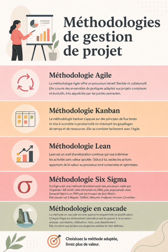 Visuel présentant différentes méthodes de gestion de projet avec des illustrations efficaces.