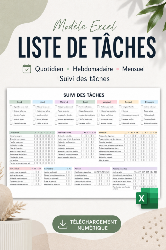 Modèle de liste de tâches Excel sur un bureau avec un ordinateur et une tasse de café