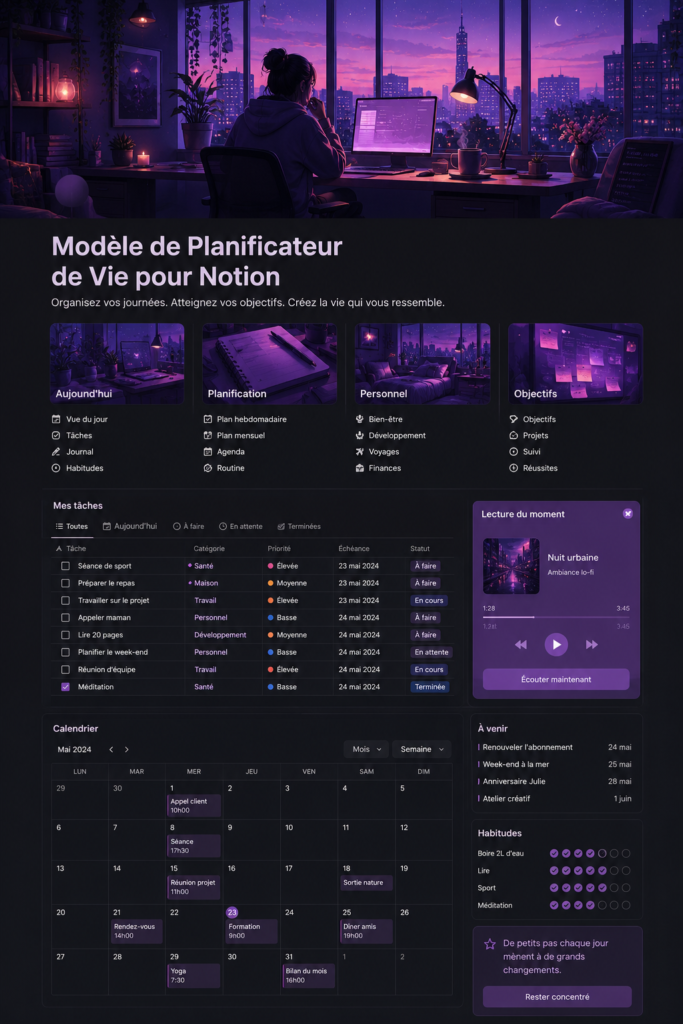 Capture d'écran d'un modèle Notion parfaitement organisé pour la planification quotidienne.