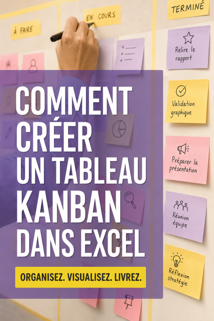 Tableau Kanban réalisé dans Excel avec différentes colonnes pour la gestion de projets.
